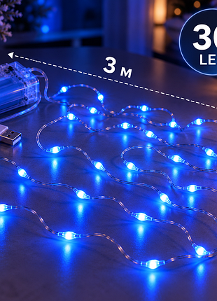 Гирлянда 30 led 3 м на медной проволоке «капля росы» / гирлянда роса 2в1 battery + usb синий