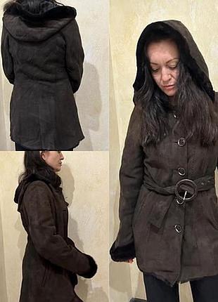 Женская зимняя дубленка с капюшоном, натуральная замша и овчина, коричневая, s/m
