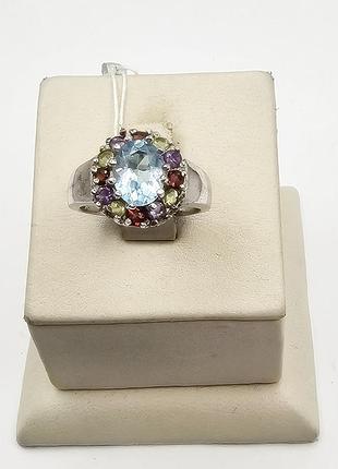 Кольцо серебряное с аметистом, голубым топазом и хризолитом 17,5 5,3 г