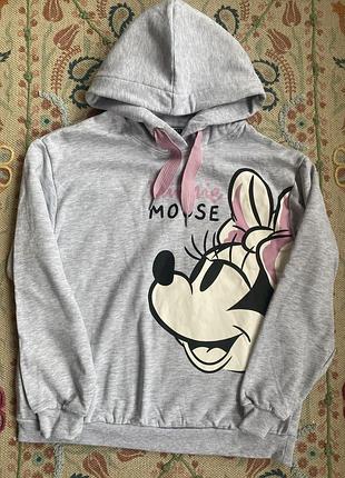 Женское серое худи оверсайз disney minnie mouse с капюшоном, серая толстовка минни маус с розовыми шнурками
