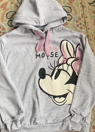 Серое женское худи оверсайз с капюшоном disney minnie mouse, теплая серая толстовка минни маус, кофта с принтом и розовыми шнурками