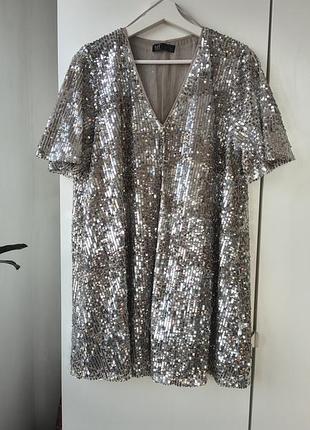 Коротка жіноча сукня zara в паєтки, срібляста, великий розмір