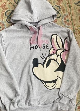 Серая спортивная кофта худи оверсайз с капюшоном disney minnie mouse, светло-серый свитшот толстовка микки минни маус, женский батник с розовым