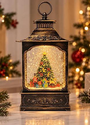 Новорічний нічник вінтажний ліхтар xmas 31 см з ефектом снігопаду та usb, декоративний світильник з ялинкою