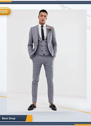 Костюм-трійка чоловічий twisted tailor super skinny сірий у клітинку (піджак, жилет, штани), розмір 44r