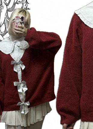 † wine red satin bow oversized cardigan
