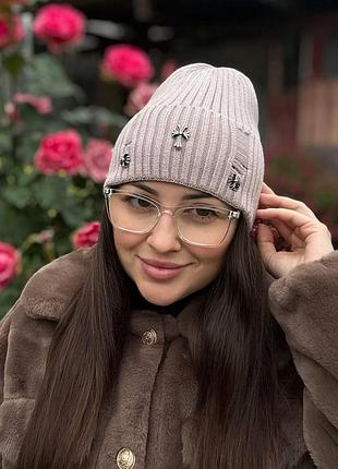 Жіноча шапка рванка лопатка з вовни та кашеміру демісезон chrome hearts світло-рожева