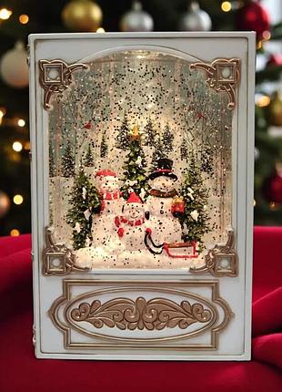 Новорічний музичний нічник-книга xmas wdl 24023b сніговик, 19.1 см, з led підсвіткою та ефектом снігопаду (usb/батарейки)