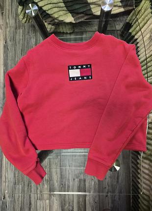 Жіночий світшот tommy jeans червоний укорочений з вишитим логотипом, розмір s (36)