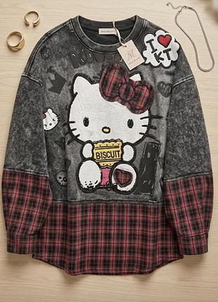 Лонгслів жіночий з принтом hello kitty та клітинкою