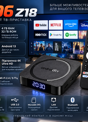 Смарт тв-приставка i96 z18 android tv / приставка для тв 4/32 гб, wi-fi 2,4/5 ггц, 4к