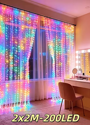 Светодиодная гирлянда-штора 2х2 м (200 led) на батарейках - цветной свет