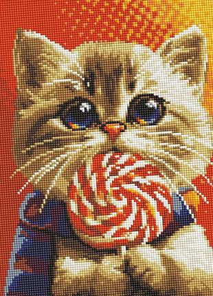 Алмазная мозаика «котик с конфетой» amo7976, 30х40 см, круглые стразы, набор без рамы