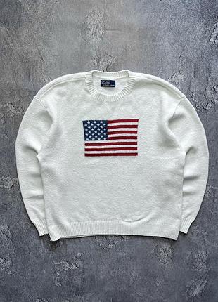 90x vintage винтажный шерстяной свитер polo ralph lauren usa flag logo поло ральф лаурен size xl размер хл