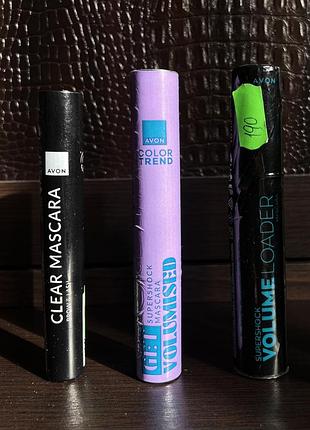 Туш для вій, гель для вкладання брів avon clear mascara, avon color trend supershock get volumised mascara, supershock volume loader mascara