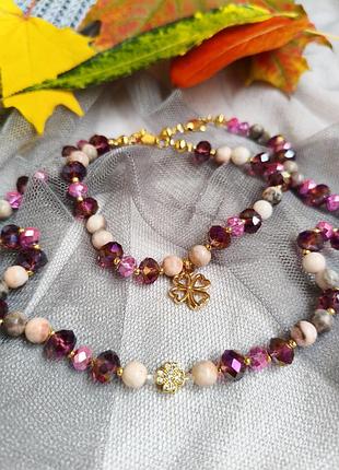 Комплект украшений ожерелье и браслет из агата и кристаллов swarovski