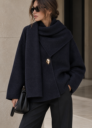 Короткое пальто zara с интегрированным шарфом, s | темно-синее