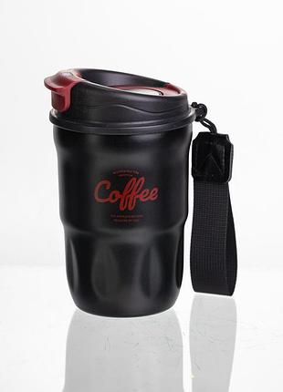Термочашка "coffee" 400 мл с ремешком и откидной крышкой-клапаном, черный yiwu hp-gm-17