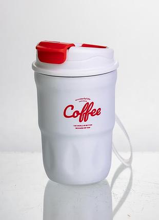Термочашка "coffee" 400 мл с ремешком и откидной крышкой-клапаном, белый yiwu hp-gm-19