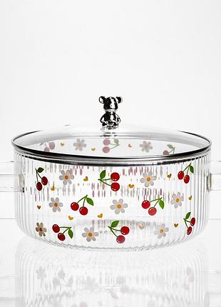 Кастрюля из боросиликатного стекла 2.4 л cherry с металлическим медвежонком на крышке yiwu hp-gp-27