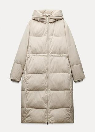 Довгий пуховик zara zw collection водовідштовхувальний, xs, ecru