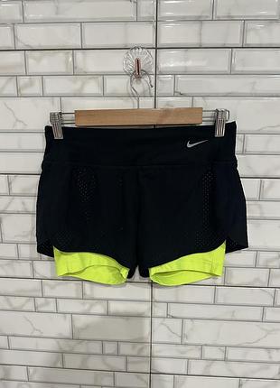 Жіночі подвійні шорти 2в1 nike running dri-fit чорні з салатовим / шорти для бігу найк розмір xs