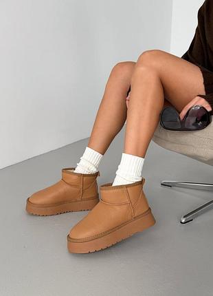 Угги женские рыжие кожа / рыжие угги зима / короткие угги