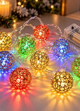 Гирлянда светодиодная шарик металлический золотой, 20 led, мультицвет
