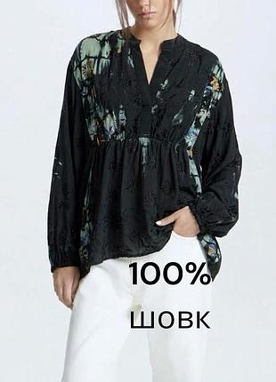 Неймовірна легка жіноча шовкова блуза від данського бренду cofur 100% шовк чорна блуза з вирізом легка шовкова блуза в абстрактний принт