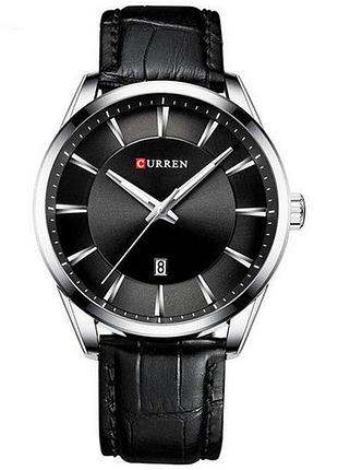 Чоловічий наручний годинник curren 8365 silver-black зі сріблястим корпусом та шкіряним ремінцем