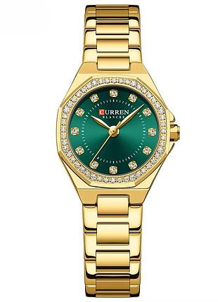 Женские наручные часы curren 9100 gold-green с золотистым браслетом и зеленым циферблатом