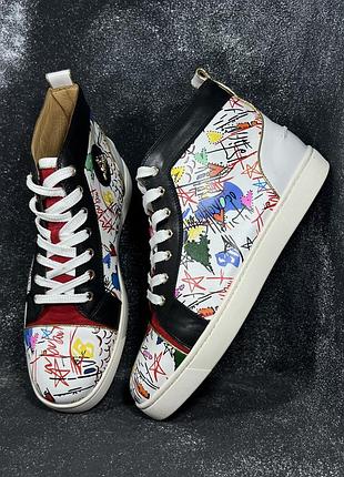 Білі шкіряні снікери високі кросівки з графіті christian louboutin louil flat