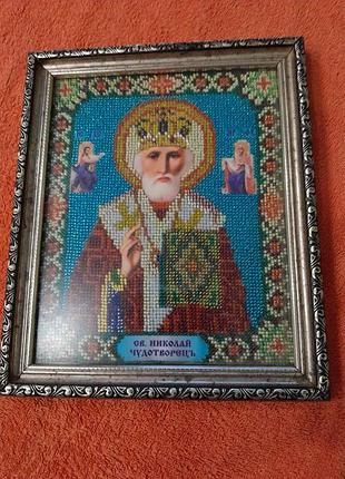 Ікона святого миколая чудотворця, бісер 22*27.