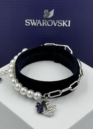 Браслет жіночий swarovski swan сріблястий з перлами та кристалами
