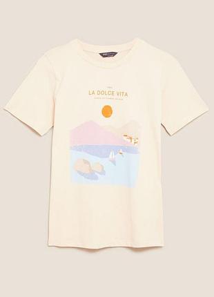 Футболка женская marks&amp;spencer 868 xs 42р., бежевая, принт, хлопок