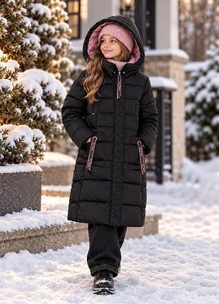 Подовжене зимове стьобане пальто куртка black&red чорне з рожевою підкладкою, зріст 146 на вік 10-11 років