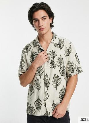 Мужская льняная гавайская рубашка h&m с коротким рукавом и растительным принтом / лён и хлопок (размер l)