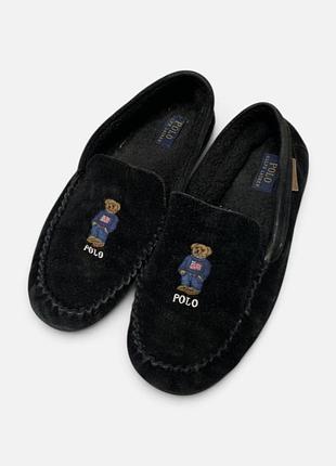 Мокасини чоловічі polo ralph lauren чорні замшеві з ведмедем