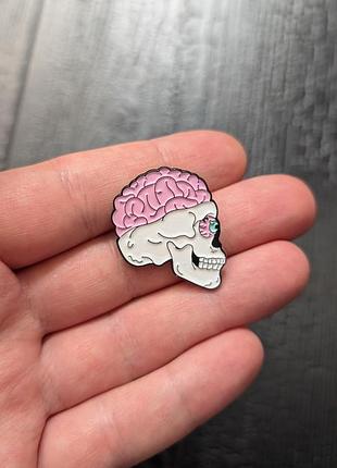 Металлический значок череп скелета брошь монстр мозг halloween skull brain хэллоуин скелет мозги