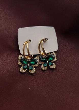 Серьги бабочки зеленые золотистые качественный сплав