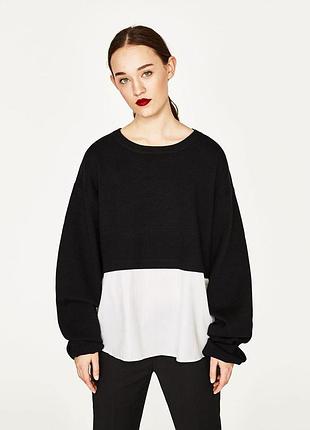 Чорний светр джемпер zara з сорочковою вставкою оверсайз колорблок