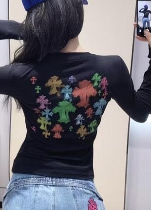 Лонгслів жіночий chrome hearts чорний з різнокольоровим принтом