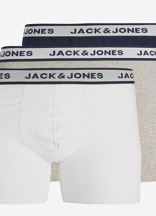 Набір чоловічих трусів боксерів подовжені  jack & jones additional boxer briefs 3 шт в наборі, чорні, білі, сірі