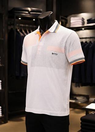 Футболка поло мужская hugo boss белая с оранжевым декором