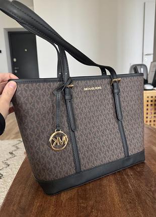 Сумка жіноча michael kors тоут шкіряна коричнева з чорним