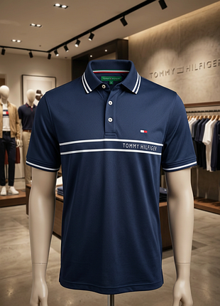 Брендовая мужская футболка поло tommy hilfiger темно-синяя с логотипом