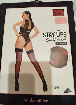 Панчохи жіночі hunkemöller kiss me stay ups 15 denier s/m чорні з червоним принтом