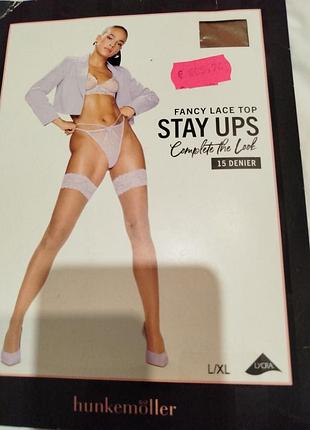 Панчохи жіночі hunkemöller fancy lace top stay ups 15 den l/xl нюдовий