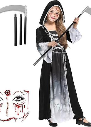 Костюм на хэллоуин для девочек halloween grim reaper costume карнавальный костюм смерти с платьем, 10-12 лет 130-145 см