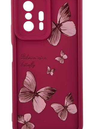 Чехол shock case print для xiaomi 11t / 11t pro силиконовый бампер цвет бордовый с принтом бабочки